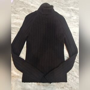 Pria Women’s Black Ribbed Turtleneck Sweater Size M 100% Cotton Stretch Knit